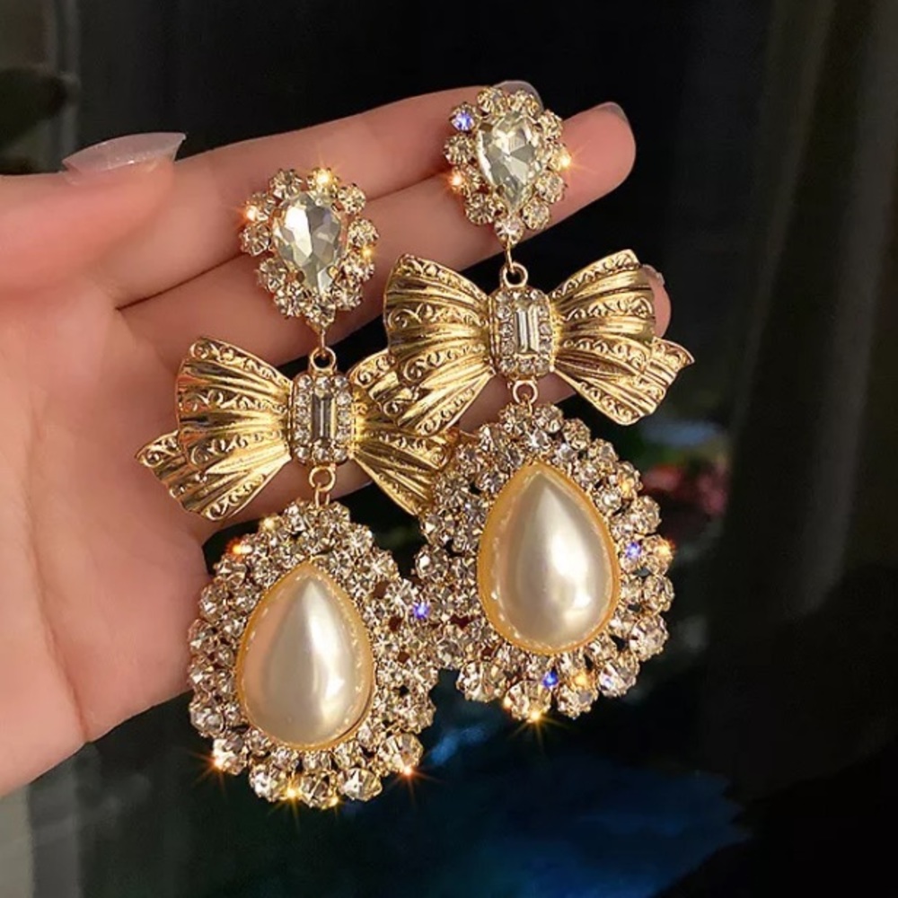 🌟 Gold Color Bowknot Crystal Oversize Water Drop Pearl Dangle Statement